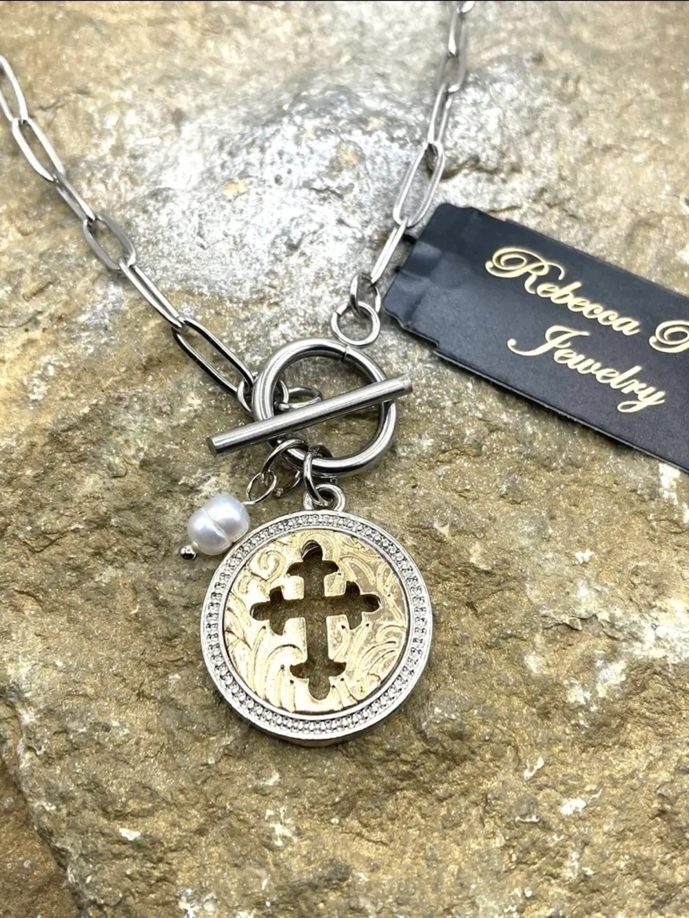 Two-Tone Cross Pendant Necklace with Pearl Accent - Gold & Silver